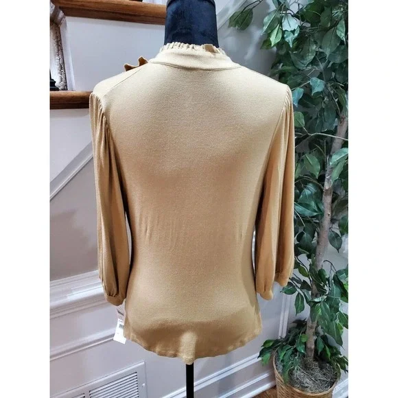 Ny Collection Woman's Khaki Rayon Long Sleeve Ruffle Pullover Top Shirt Size M - Picture 8 of 11